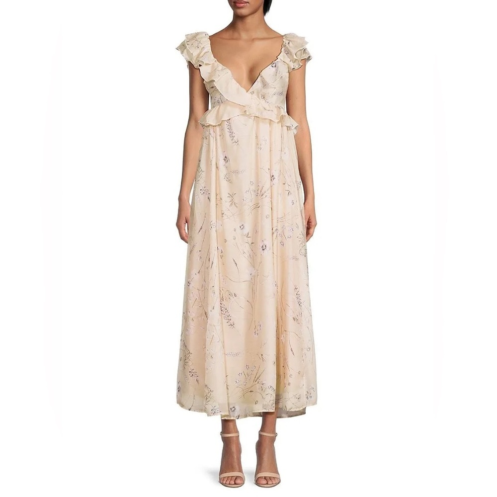 Koko + Mason Beige Floral Ruffle Sleeve Maxi Dress‎ Size XS